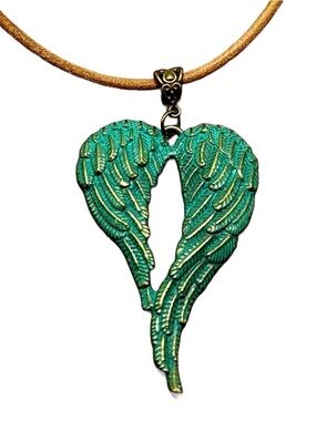 Handmade Antique Patina Angel Wings Pendant Necklace with Brown Leather Cord!